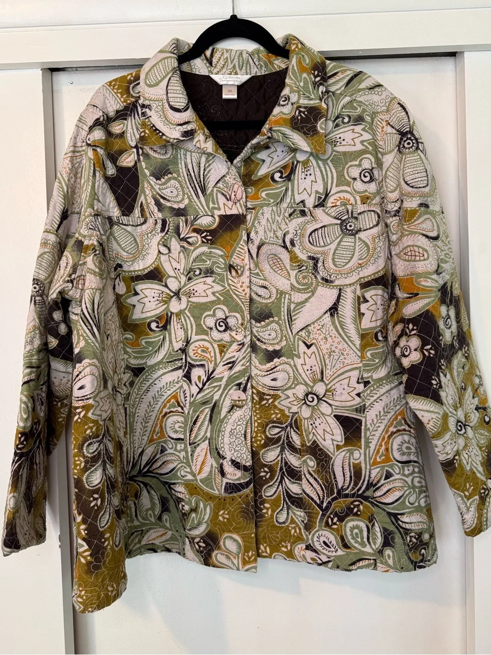 CJ Banks Olive, Cream & Brown Paisley Quilted Jacket